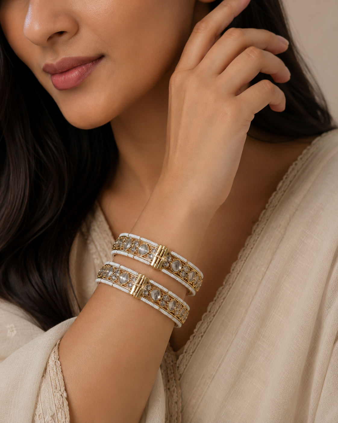 ZEVAR GALLERY Ivory Kundan Pearl-Edged Bangles
