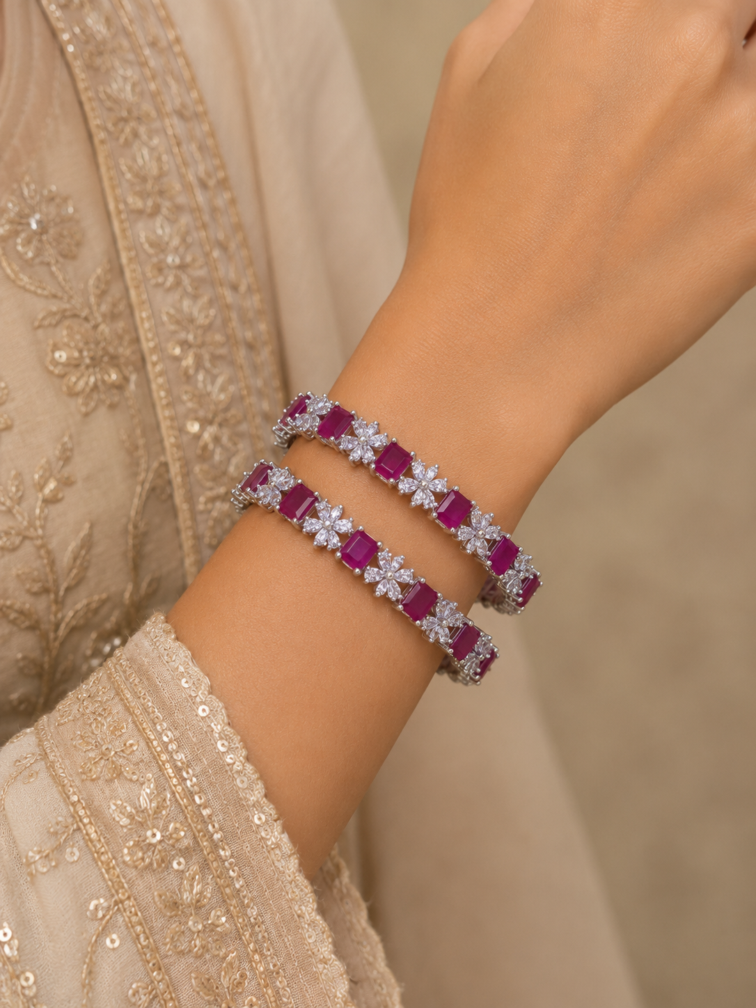ZEVAR GALLERY Ruby Blossom Crystal Bangle Set