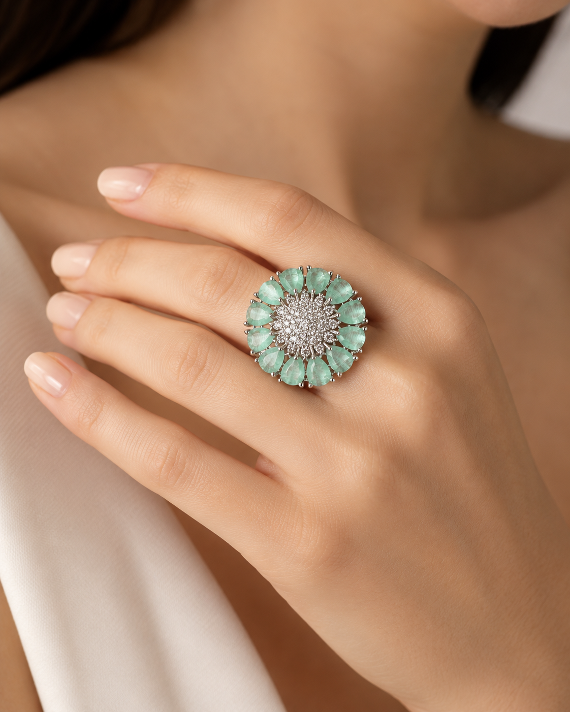 ZEVAR GALLERY Mint Radiance Floral Statement Ring