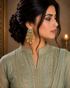 Kundan pearl-tassel chandbali earrings in black v2