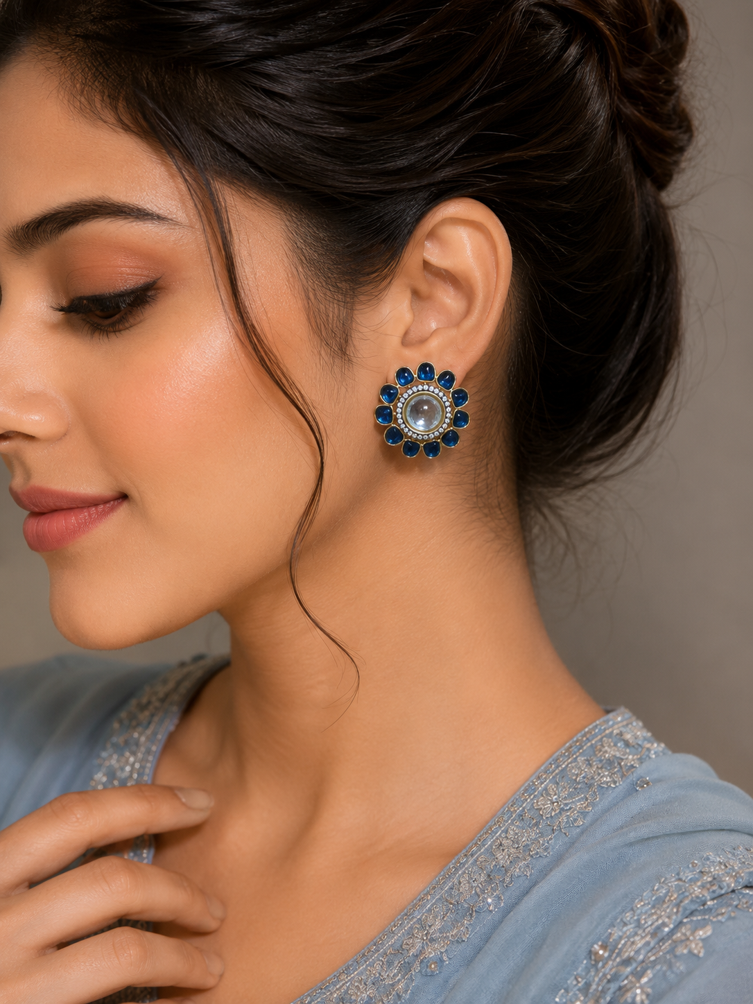 ZEVAR Gallery Blue Floral Kundan Stud Earrings