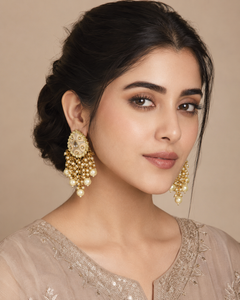 Kundan pearl-tassel chandbali earrings in champagne