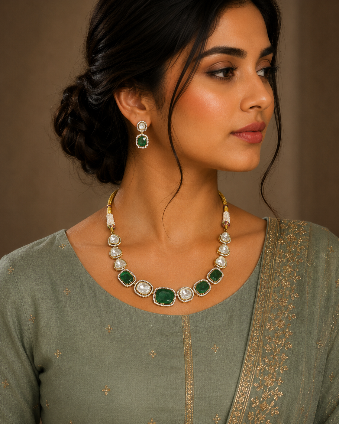 ZEVAR Gallery Emerald Royale Polki Necklace Set