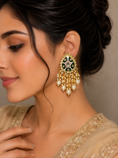 Kundan pearl-tassel chandbali earrings in green