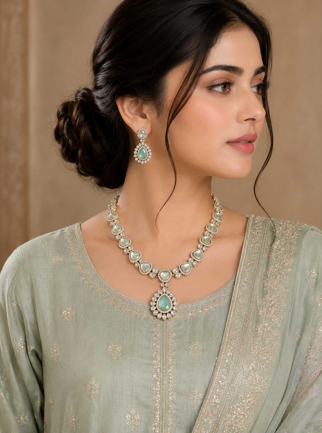 ZEVAR Gallery Mint Dew Polki Drop Necklace Set