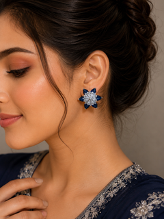 Crystal flower stud earrings in navy