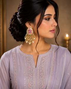 Kundan pearl-tassel chandbali earrings in pink v2