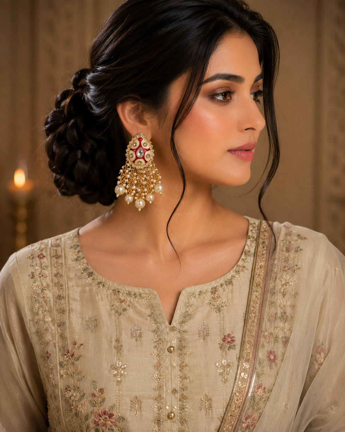 ZEVAR Gallery Kundan Pearl-Tassel Chandbali Earrings