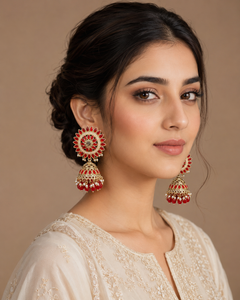 Floral jhumka earrings in red