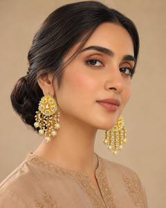 Kundan pearl-tassel chandbali earrings in yellow