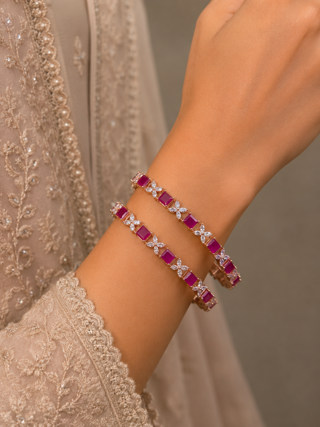 ZEVAR GALLERY Ruby Petal Crystal Bangle Set