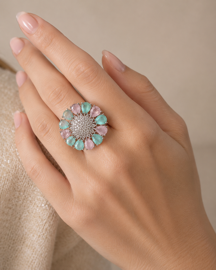 ZEVAR GALLERY Pastel Bloom Crystal Statement Ring