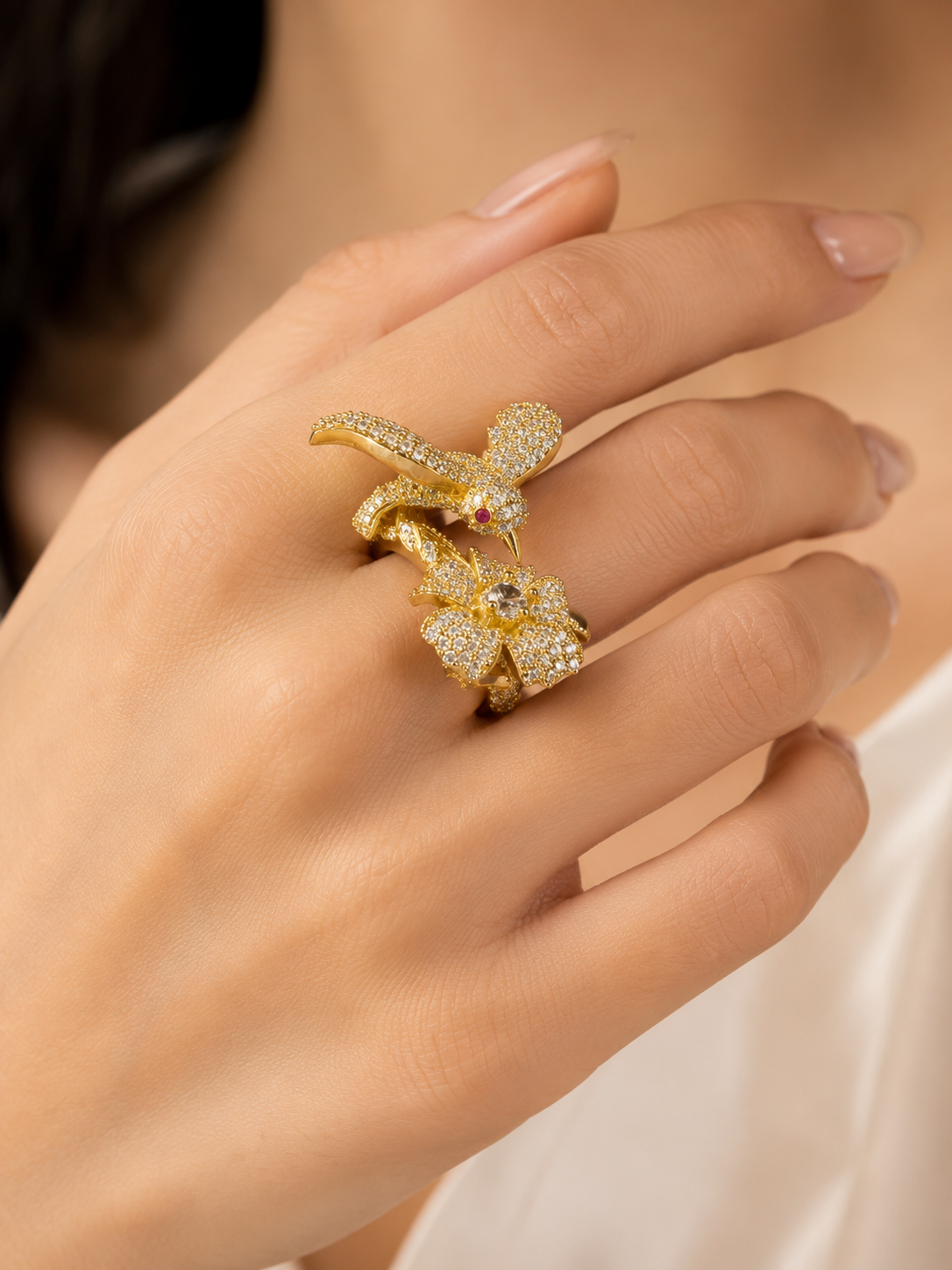 ZEVAR GALLERY Golden Hummingbird Blossom Ring