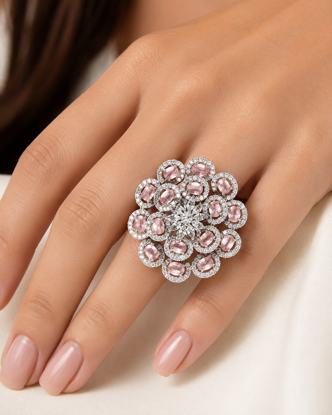ZEVAR GALLERY Blush Petal Crystal Statement Ring