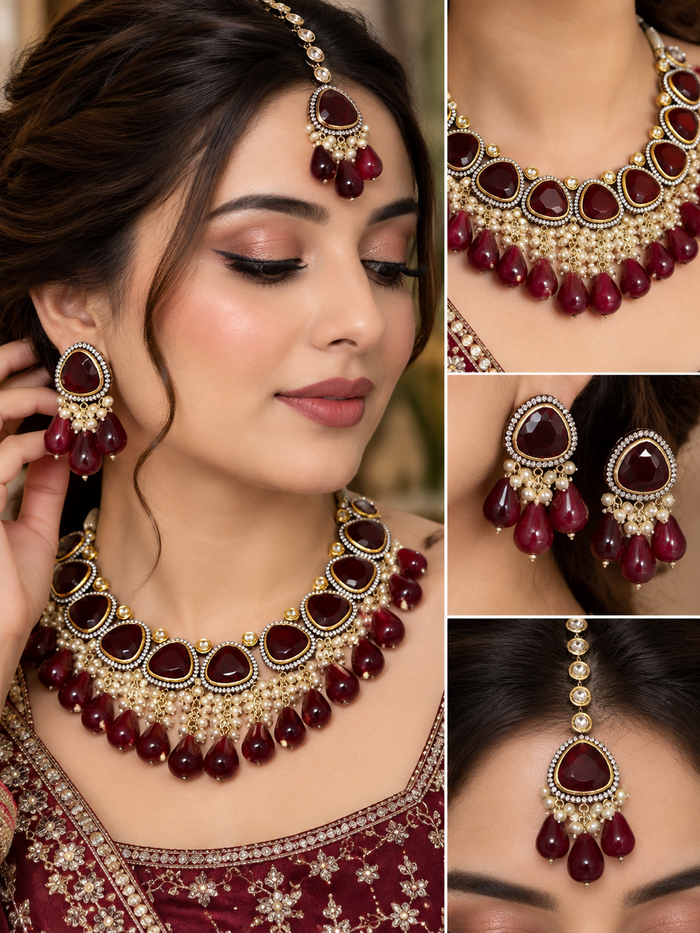 ZEVAR GALLERY  Royal Maroon Pearl Bridal Set