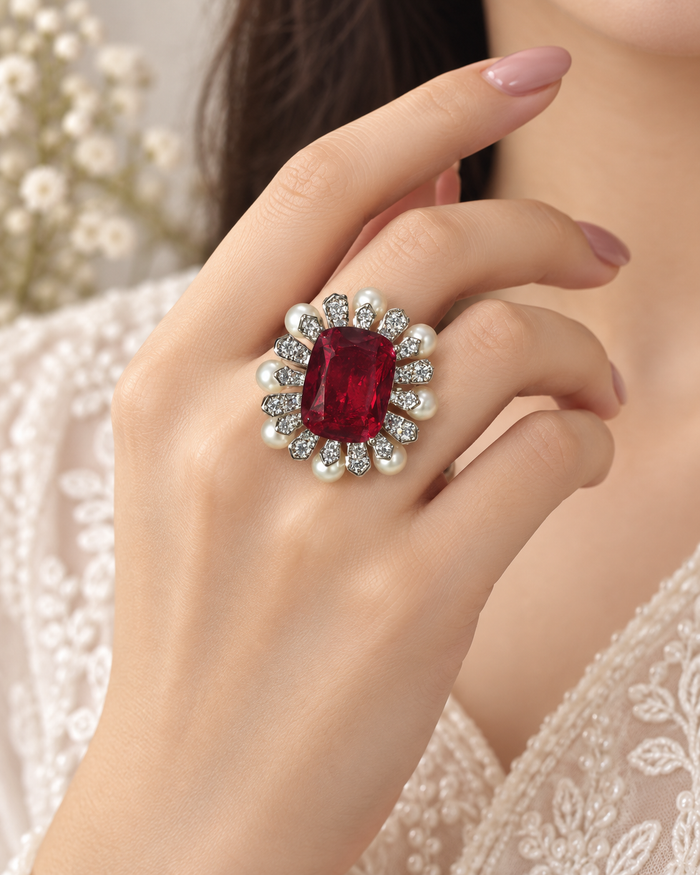 ZEVAR GALLERY Ruby Pearl Radiance Statement Ring