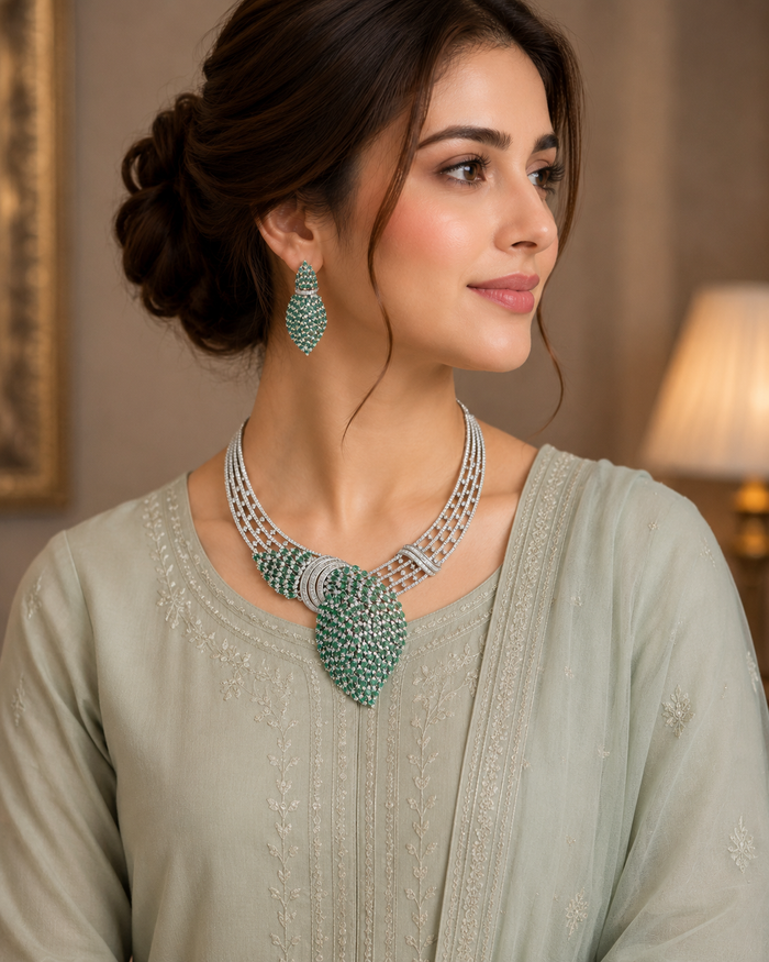 Emerald-green leaf-shaped statement necklace with matching earrings, silver-tone