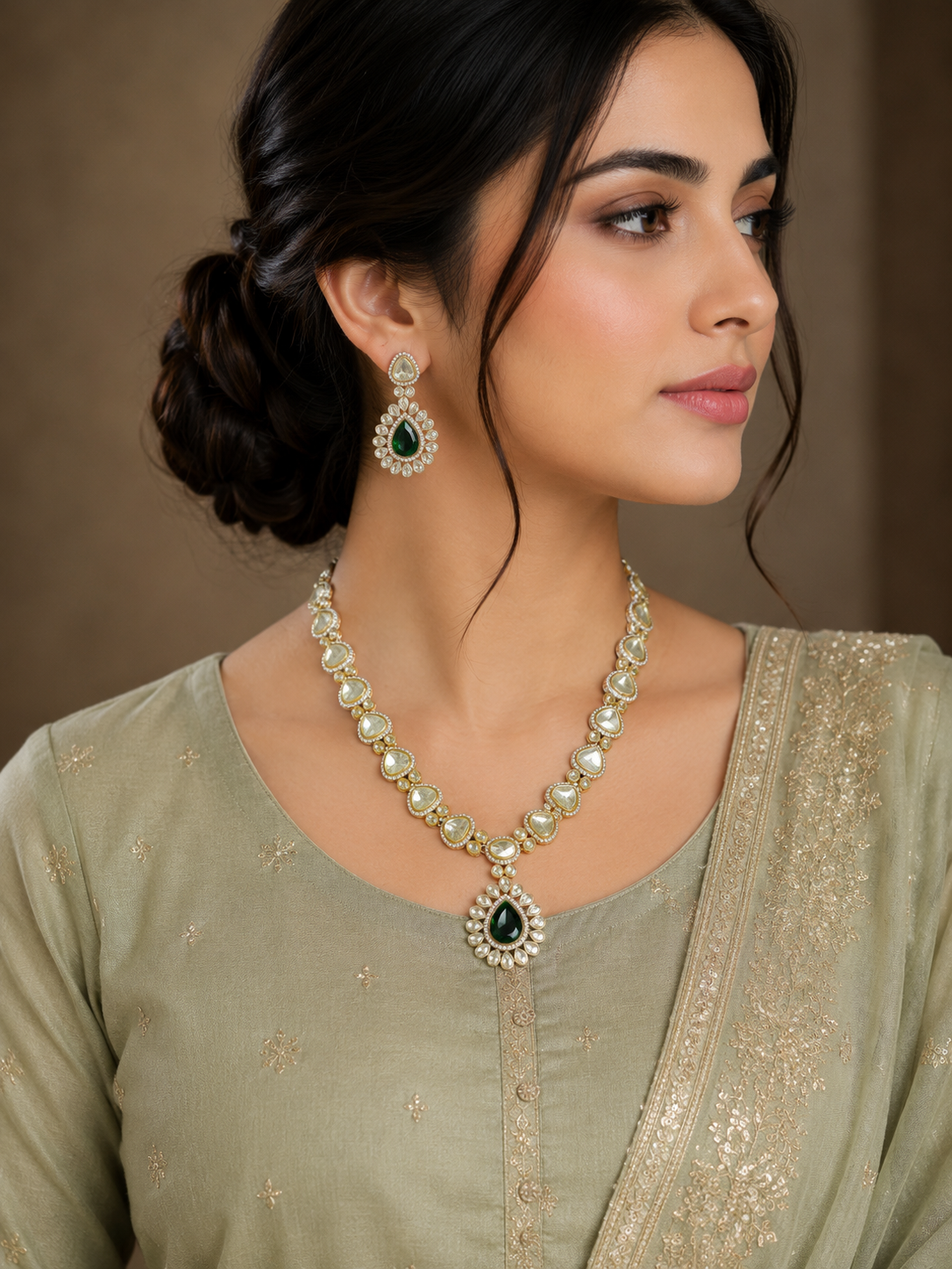 ZEVAR Gallery Emerald Teardrop Polki Necklace Set