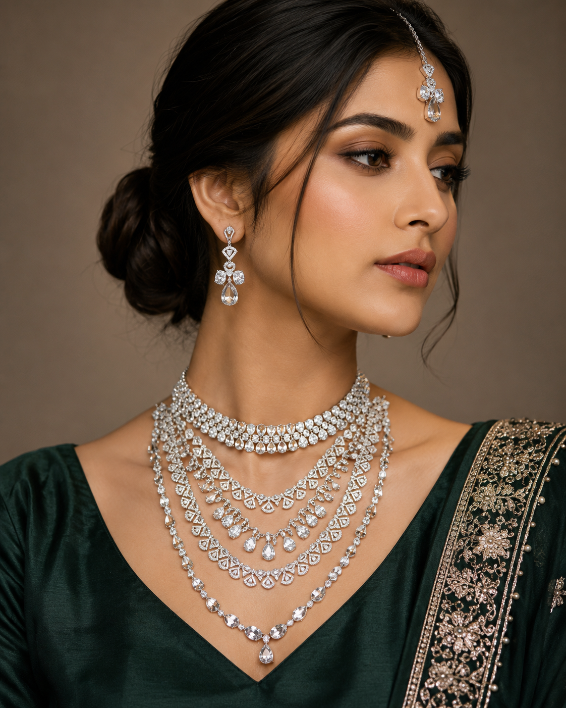 Grand multi-layer silver diamond bridal necklace with maang tikka and chandelier earrings