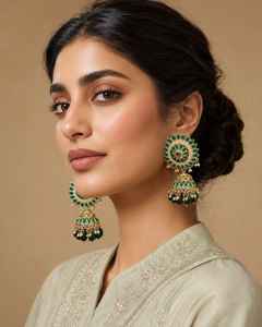 Floral jhumka earrings in emerald green