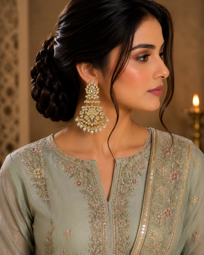 Floral kundan chandbali earrings with pearl drops