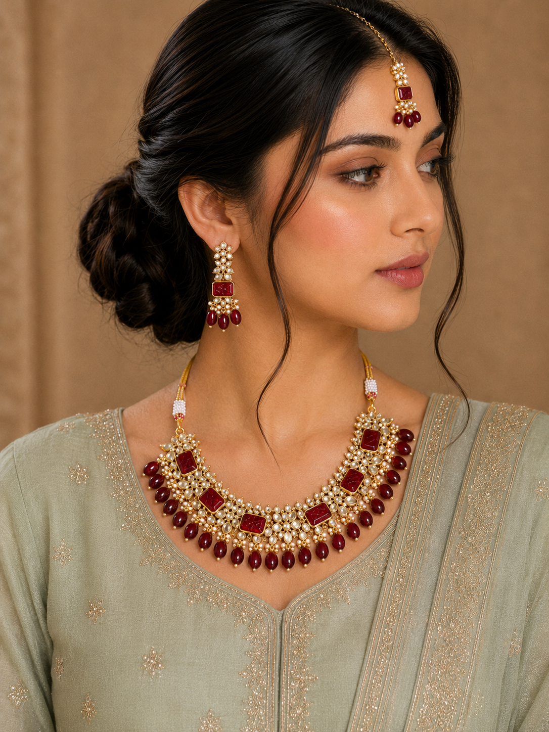 ZEVAR Gallery Maroon Regal Kundan Pearl Necklace Set