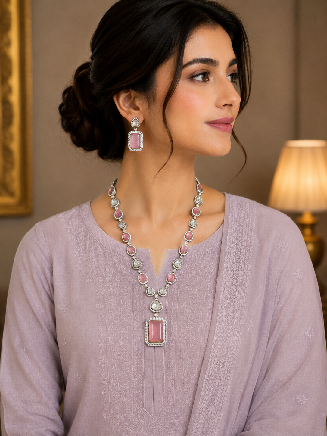 ZEVAR Gallery Rose Pink Polki Necklace Set